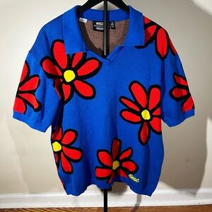 Wesc Blue Polo with Red & Yellow Daisy Motif